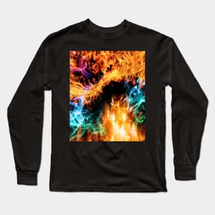 Fire Flames, Rainbow Smoke On Black Long Sleeve T-Shirt